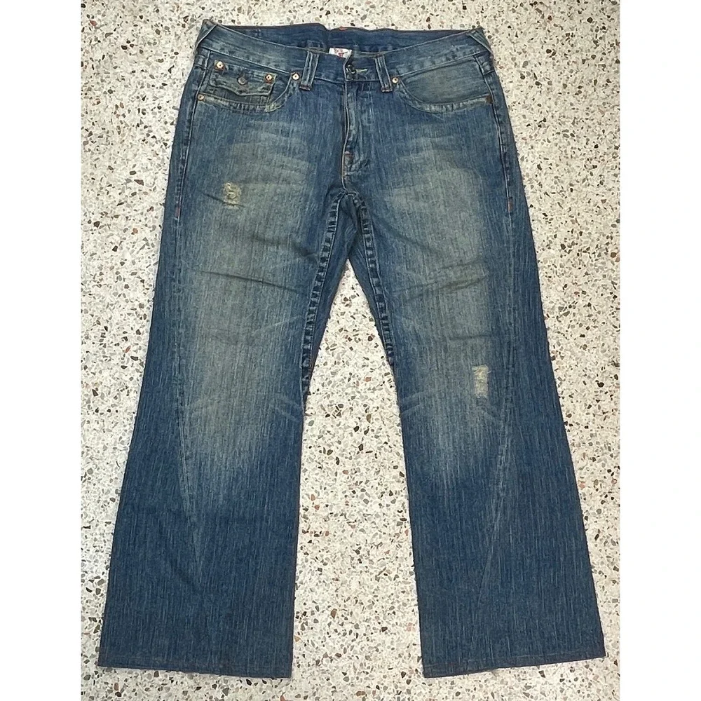 True Religion‎ Joey Vtg Rare Y2K Men's Embroidered Peace Sign Jeans Size 39x30